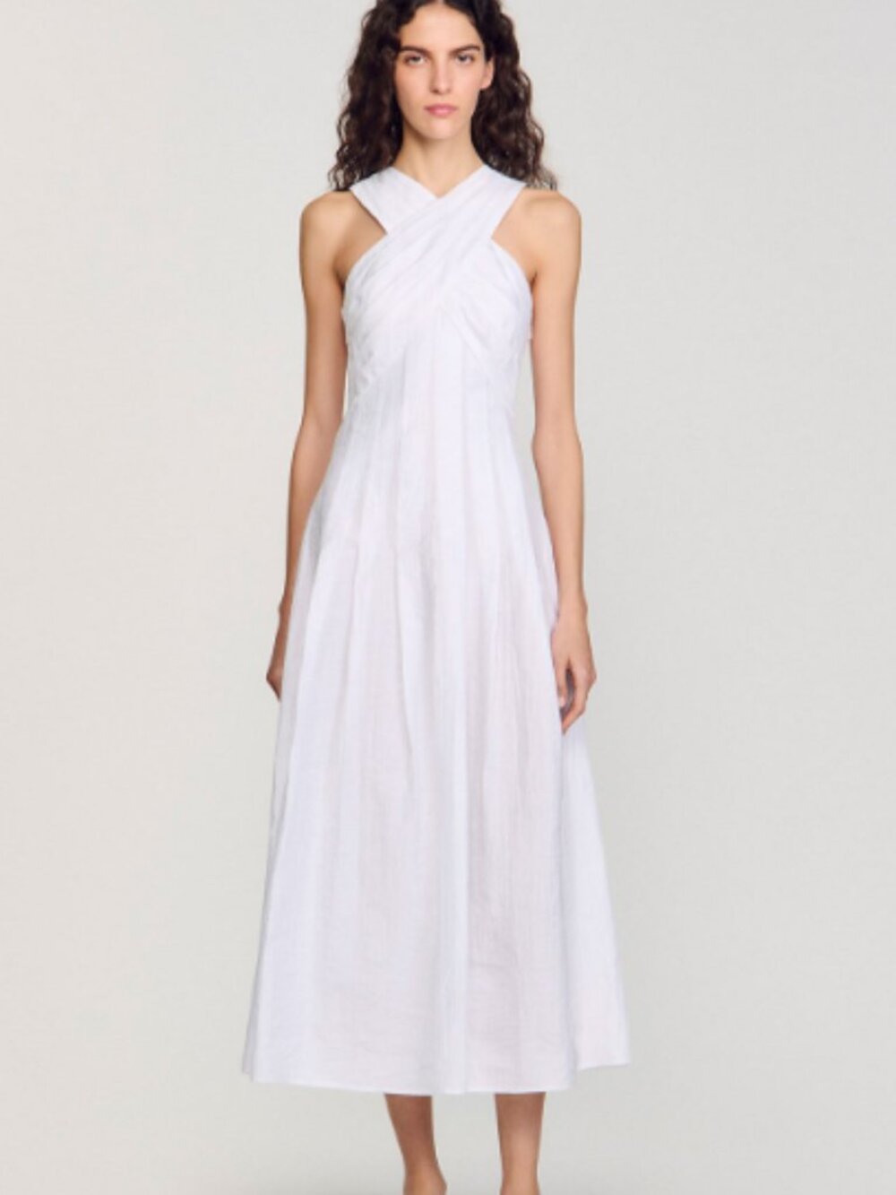 Sandro Grenadine Pleated Crossover Halter Dress